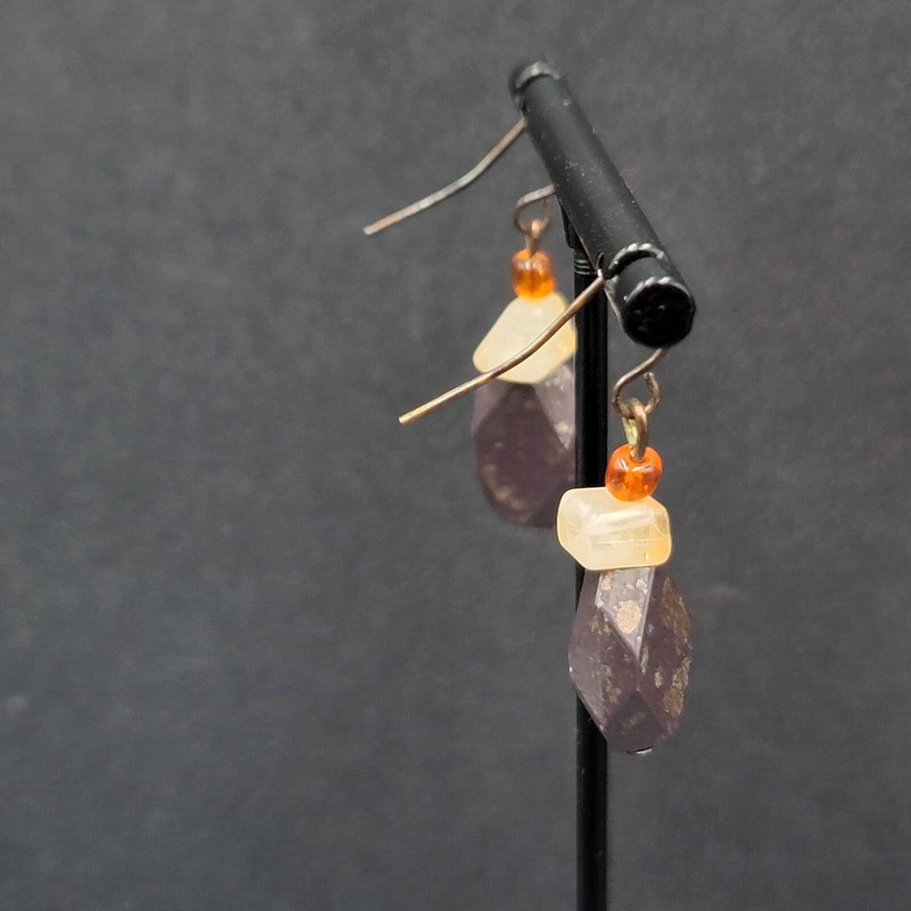 Pierced Earrings Bronze tone Acrylic Beads Natural Fall tones 1 1/8"