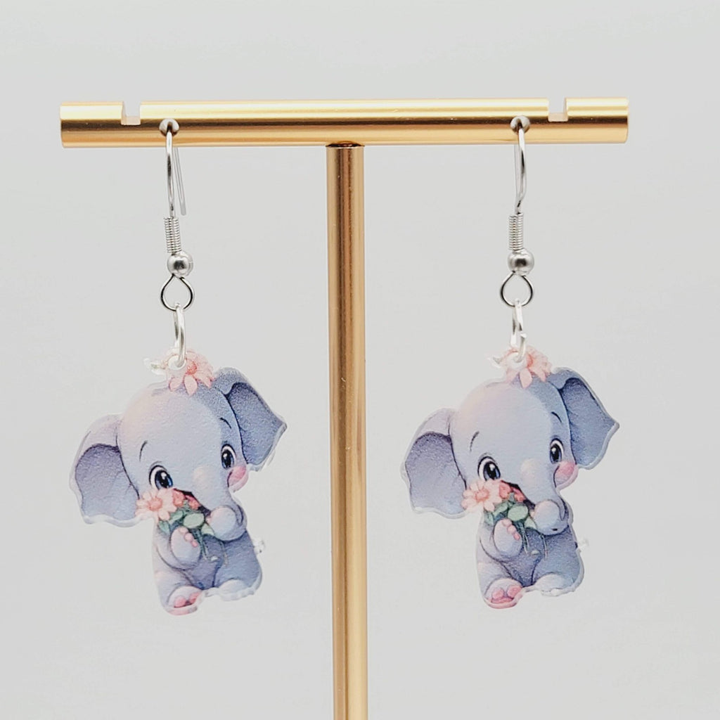 Elephant Pierced Earrings Acrylic Silver tone Dangle  1.25 in