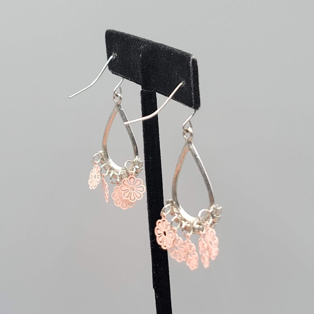 Pink Flowers Pierced Earrings Silver tone Teardrop Rhinestone Dangle 1 3/8"