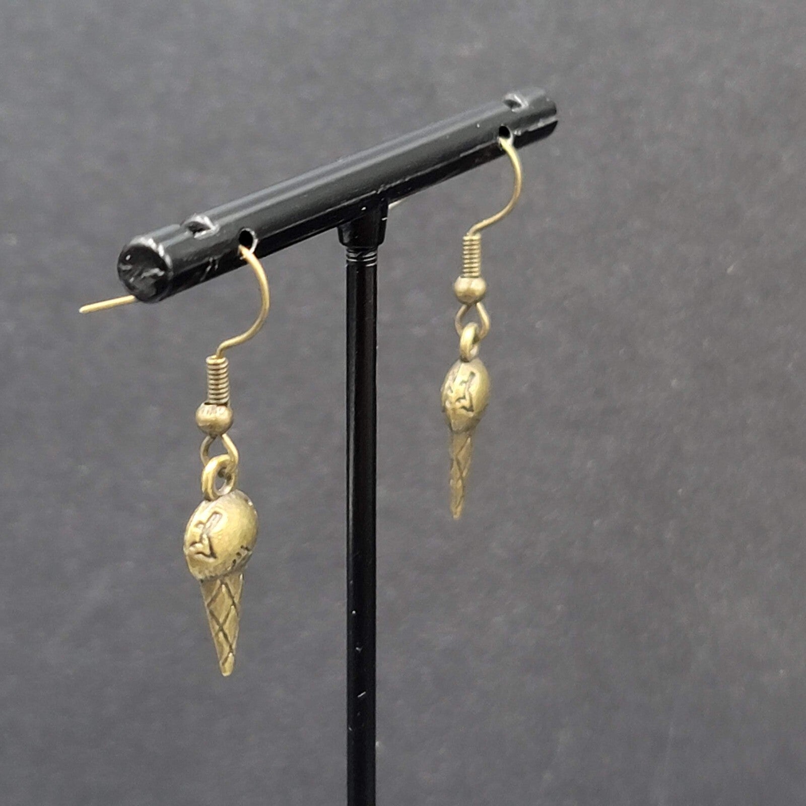 Pierced Earrings Bronze tone Ice Cream Cones Dangle 3/4"