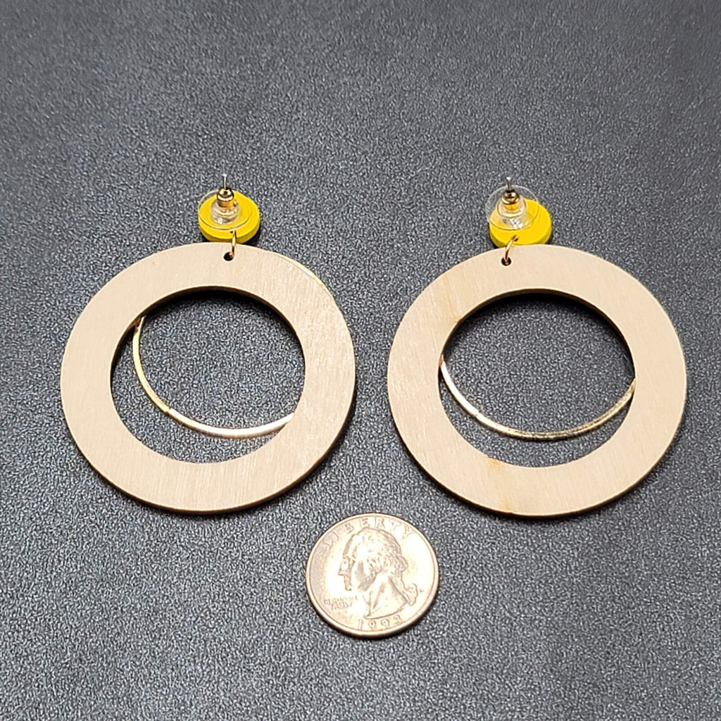 Pierced Earrings Multicolor Yellow Gold tone Wood Hoops Statement 2 3/8"