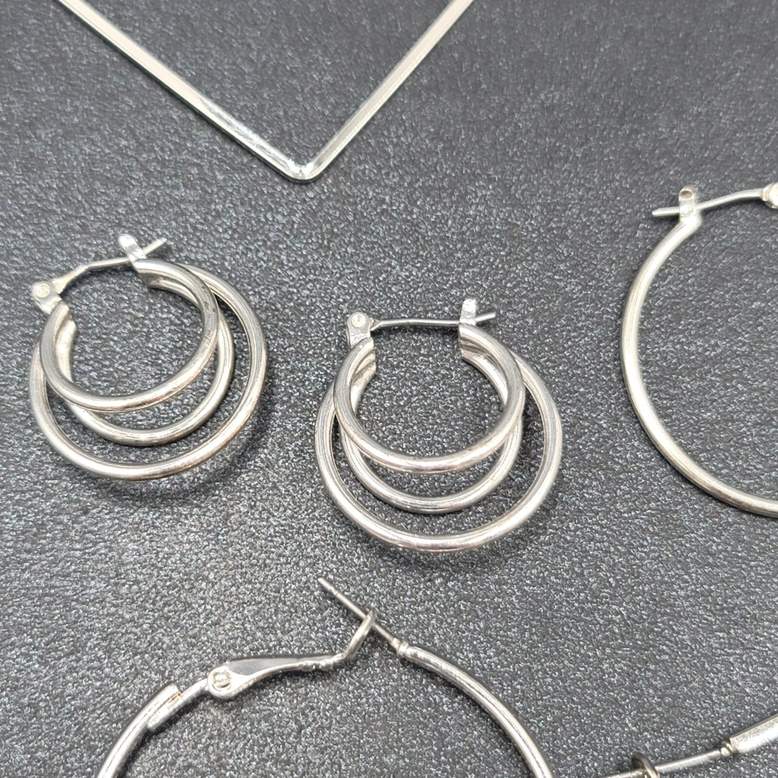 Lot of 6 Pierced Earrings Silver tone Hoops Dangle Square Oval Round
