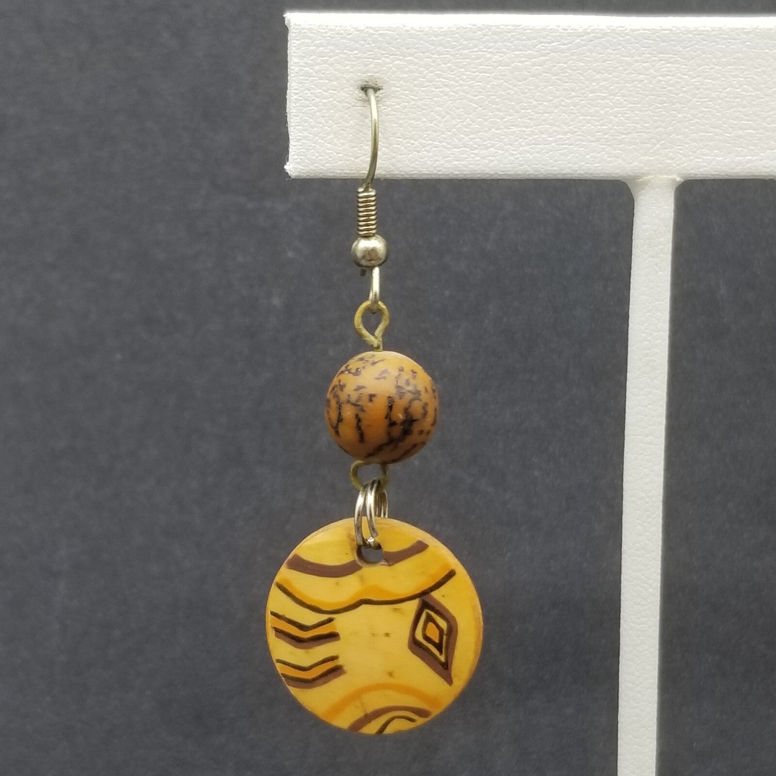 Pierced Earrings Silver tone Wooden Ethnic Statement Dangle 1 3/8"