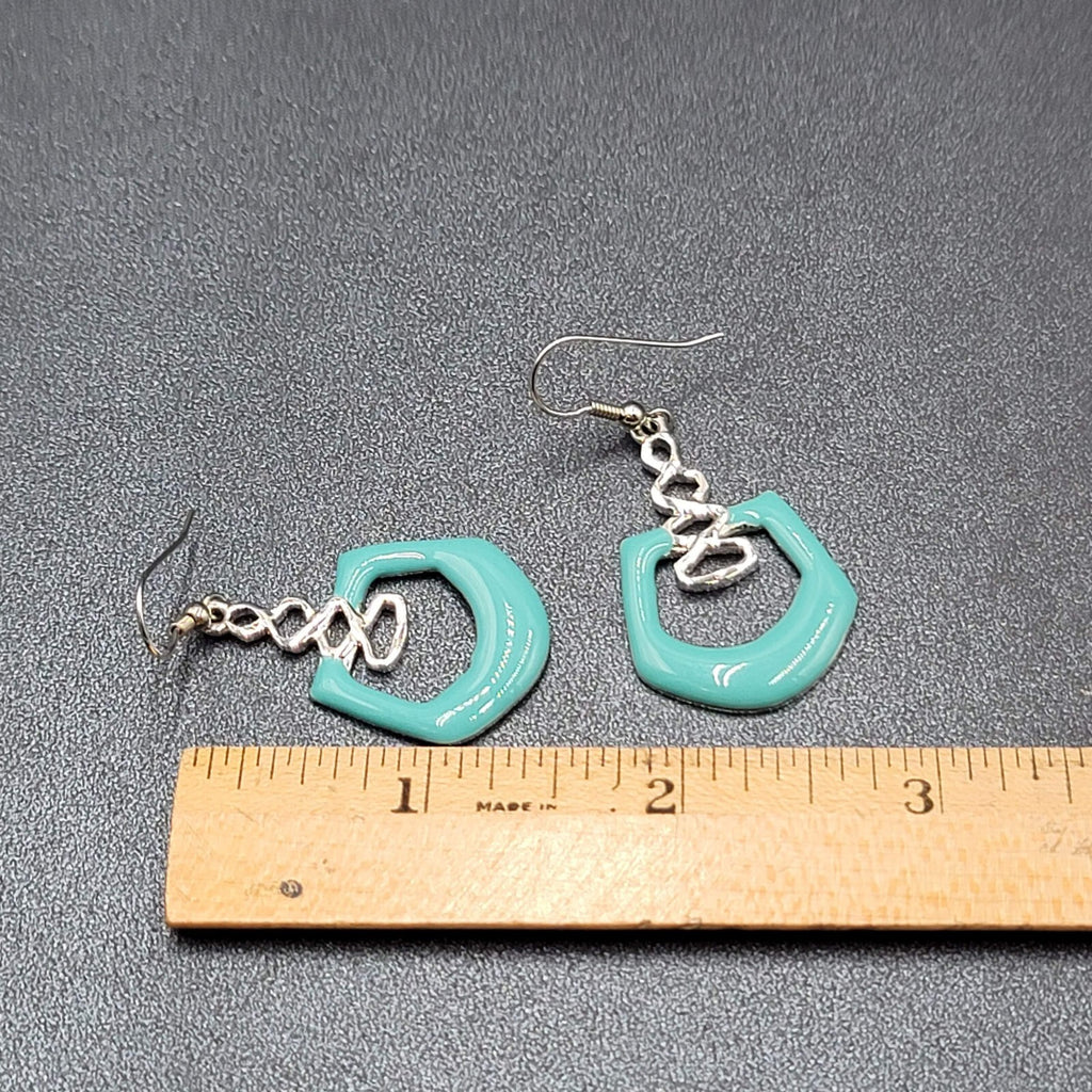 Pierced Earrings Silver Plated Blue Enamel Geometric Dangle 1.5"