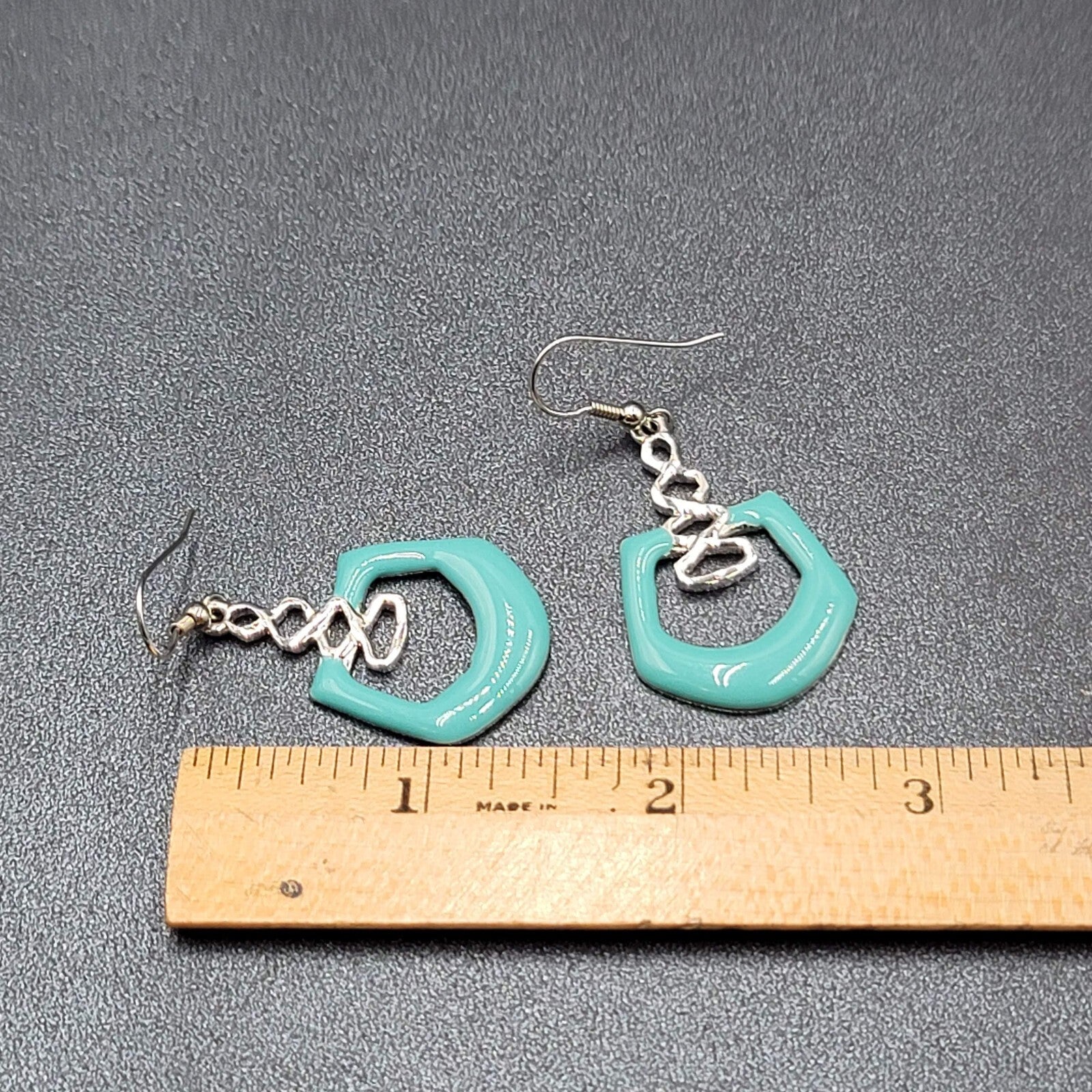 Pierced Earrings Silver Plated Blue Enamel Geometric Dangle 1.5"