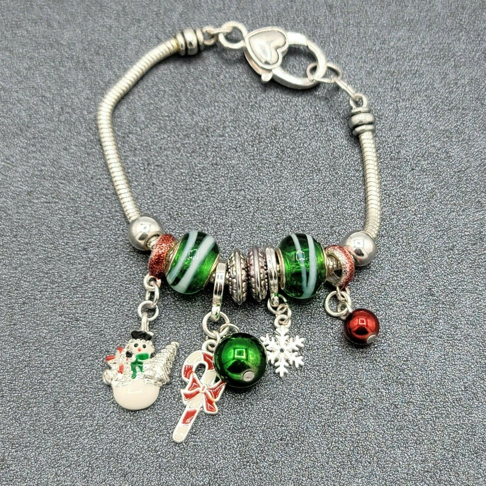 Christmas Holiday Slide Charm Bracelets 8" Silver tone 10 charms Dangle 