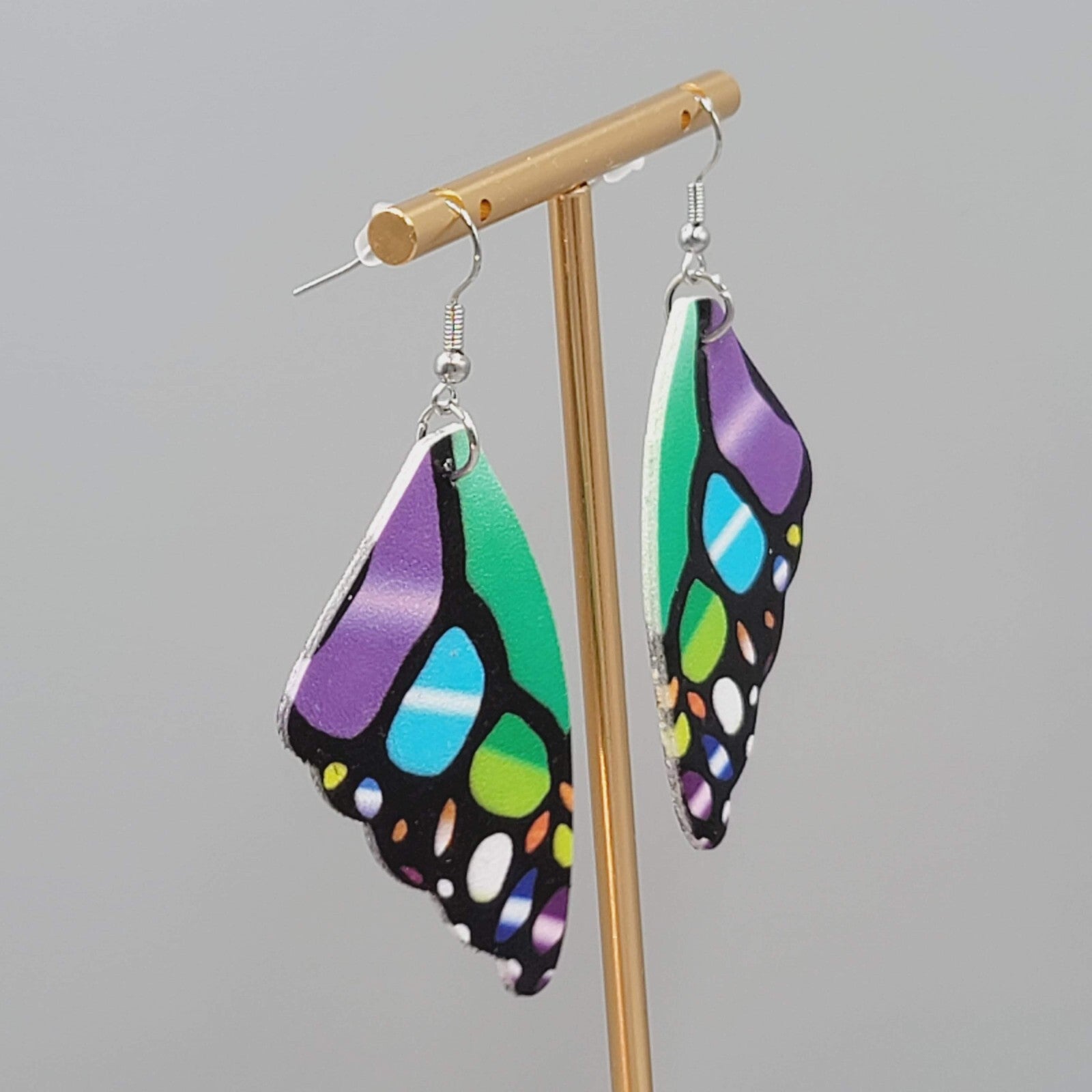 Butterfly Wing Pierced Earrings Multicolor Statement Dangle 2.25"