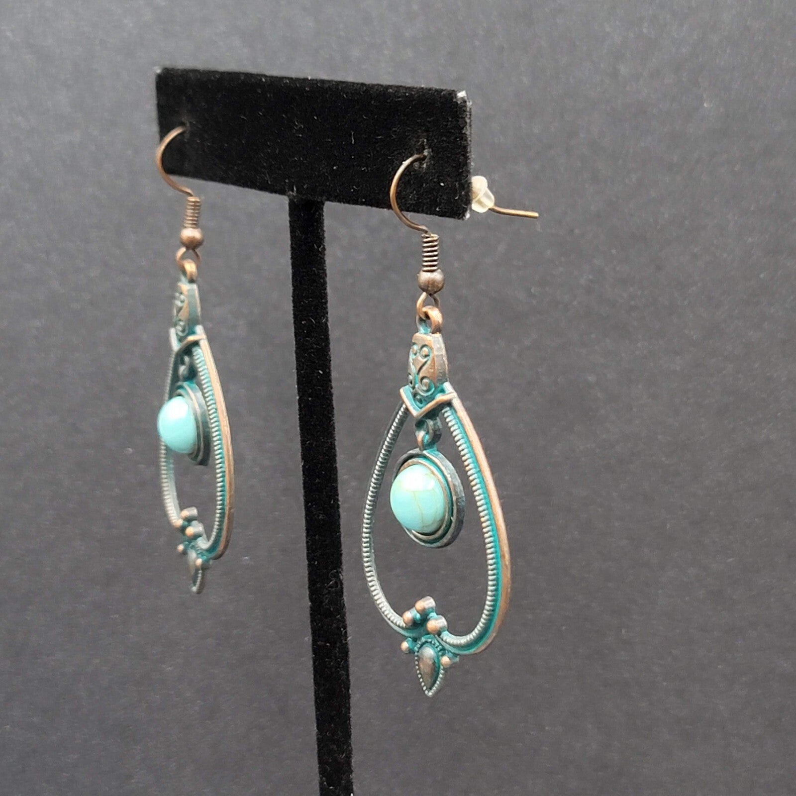 New Boho Pierced Earrings Copper tone Green Enamel Faux Turquoise Dangle 1.75"