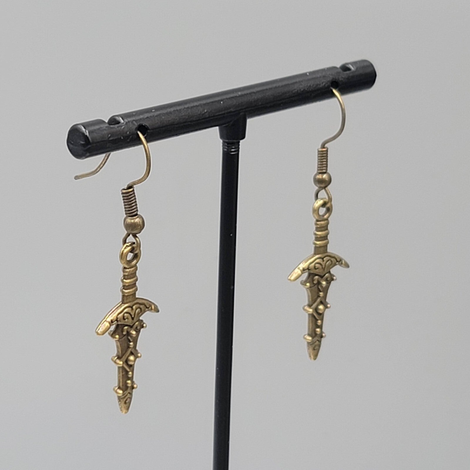 Fancy Embossed Dagger Pierced Earrings Bronze tone Dangle New 1"