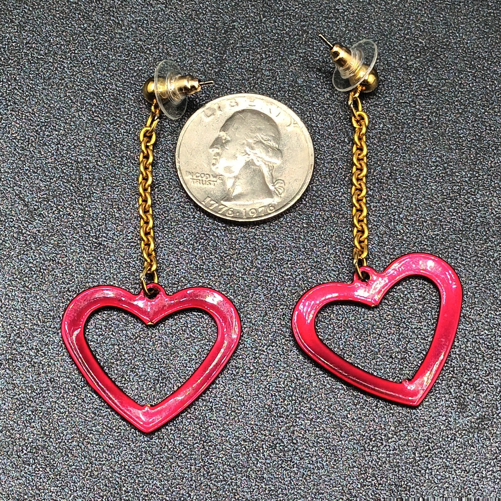 Pierced Earrings Gold tone Chain Sparkle Red Enamel Open Heart 2 1/2"