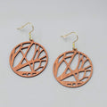 Laser Cut Wood Pierced Earrings Round Gold tone Dangle 1.5 in