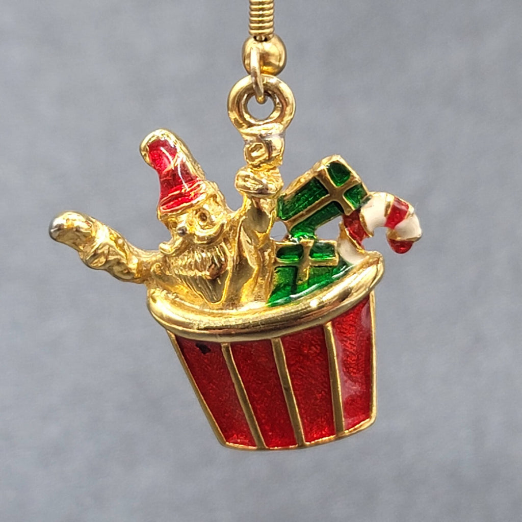 Christmas Pierced Earrings Gold Plated Presents Santa Candy Cane Dangle 1 1/8"