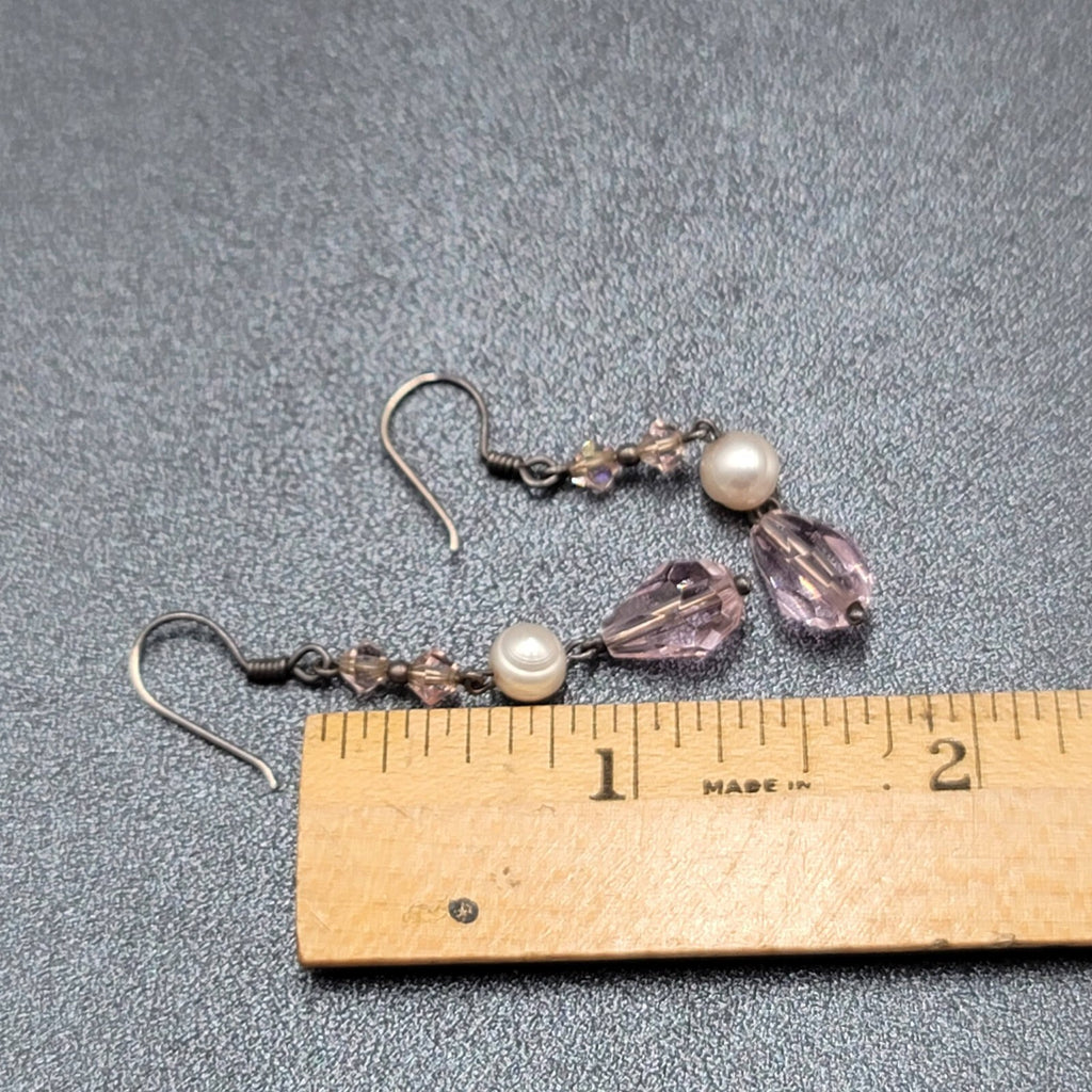 Pierced Earrings Silver tone Pink Crystal Teardrop Bead Pearl Bead 1 3/8"