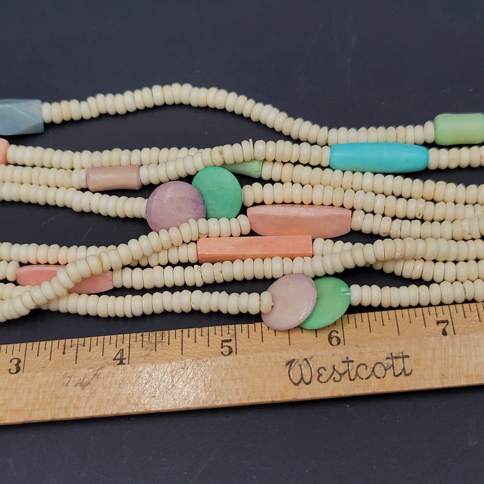 Vintage Multi Strand Beaded Necklace Carved Pastel Beads Toggle Clasp 24"