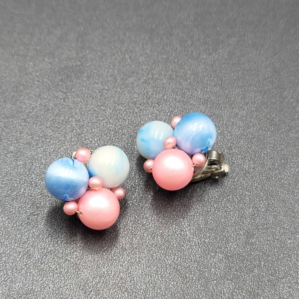 Vintage Clip on Earrings Pink Blue Cluster Beaded Japan 7/8"