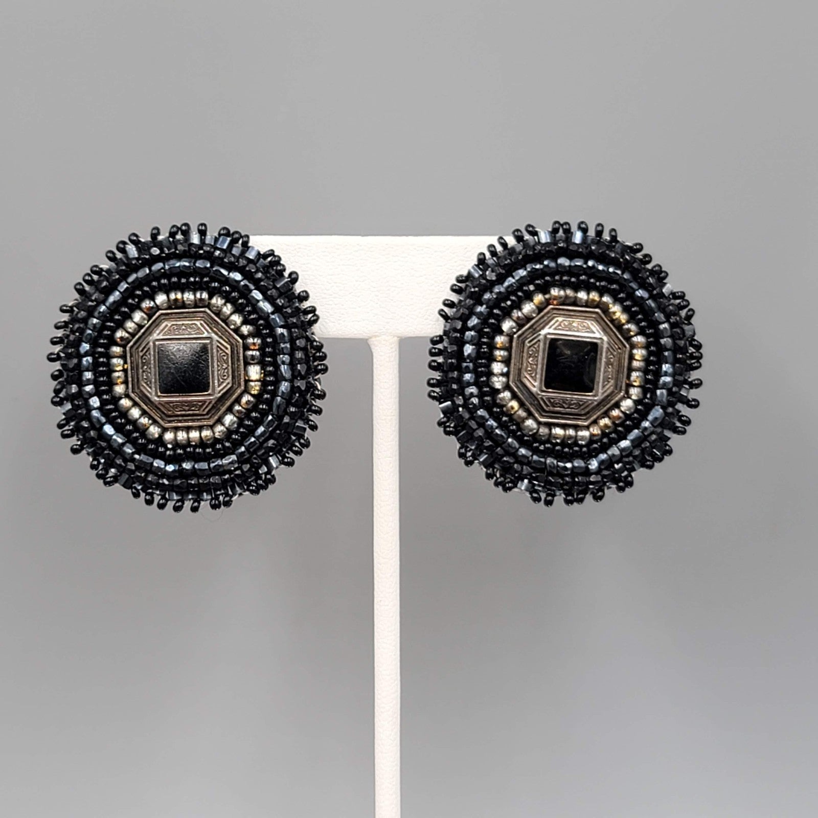 Vintage Black Seed Bead Round Pierced Earrings Statement 1.5 in
