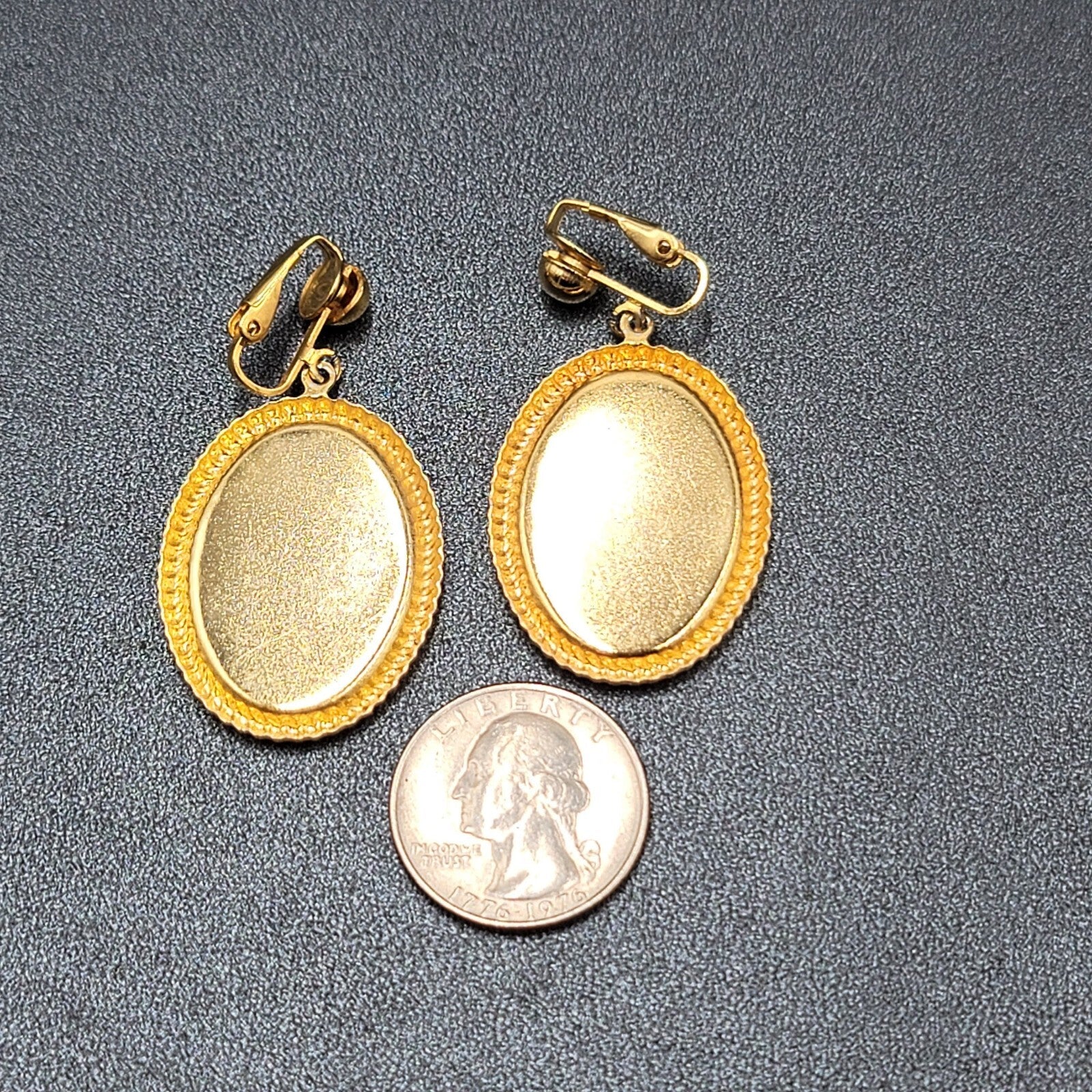 Vintage Clip on Earrings Gold tone Cream White Enamel Oval Dangle 1.5"
