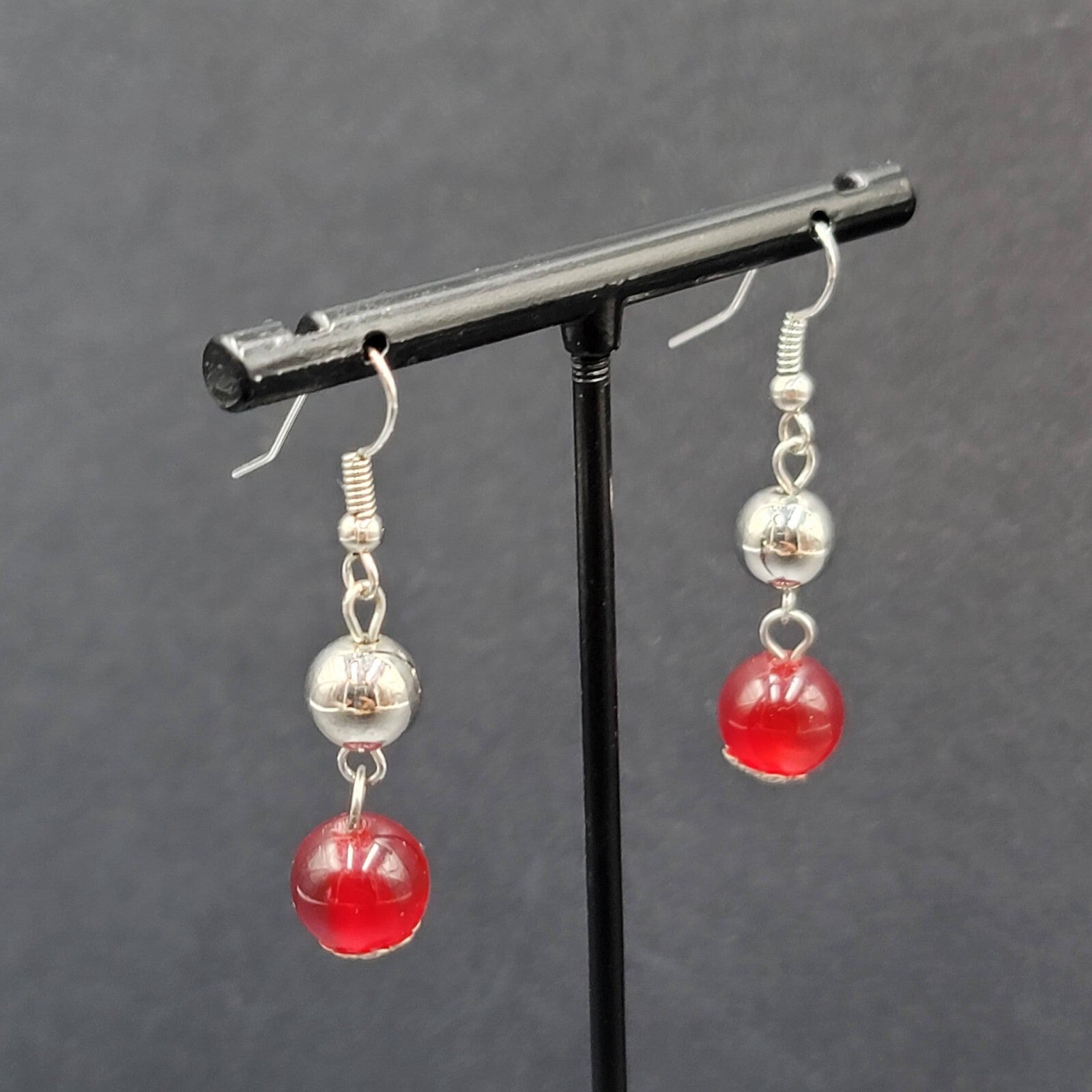 Pierced Earrings Silver tone Bead Red Moonglow Bead Dangle 1"