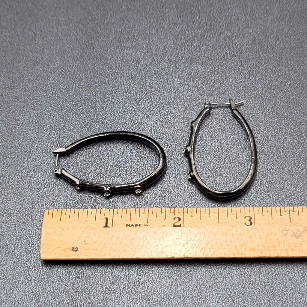 Pierced Earrings Black Metal Crystal Rhinestone Studded Oval Hoops 1 5/8"