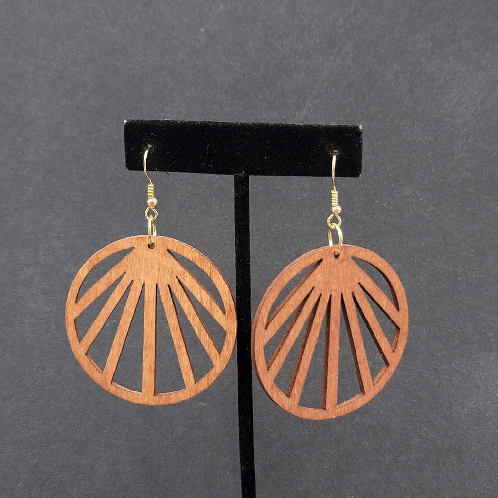 Pierced Earrings Laser Cut Boho Round Wood Dangle Gold tone 2"