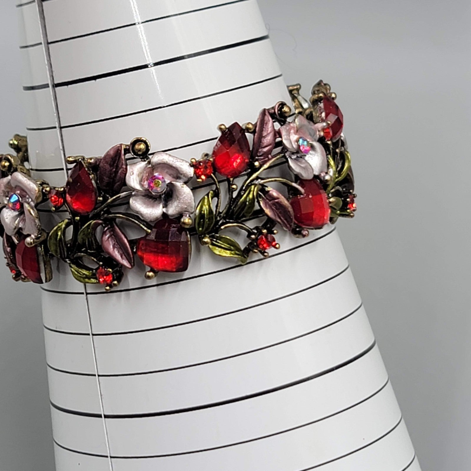 Pink Enamel Rhinestones Flowers Bracelet Bronze tone 7 in