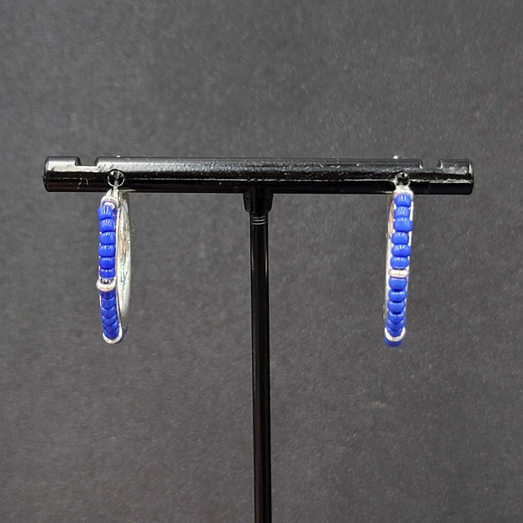 Pierced Earrings Silver tone Blue Seed Bead Hoops 1"