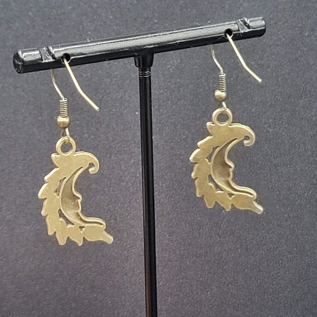 New Moon Face Pierced Earrings Bronze tone Dangle Embossed 1"