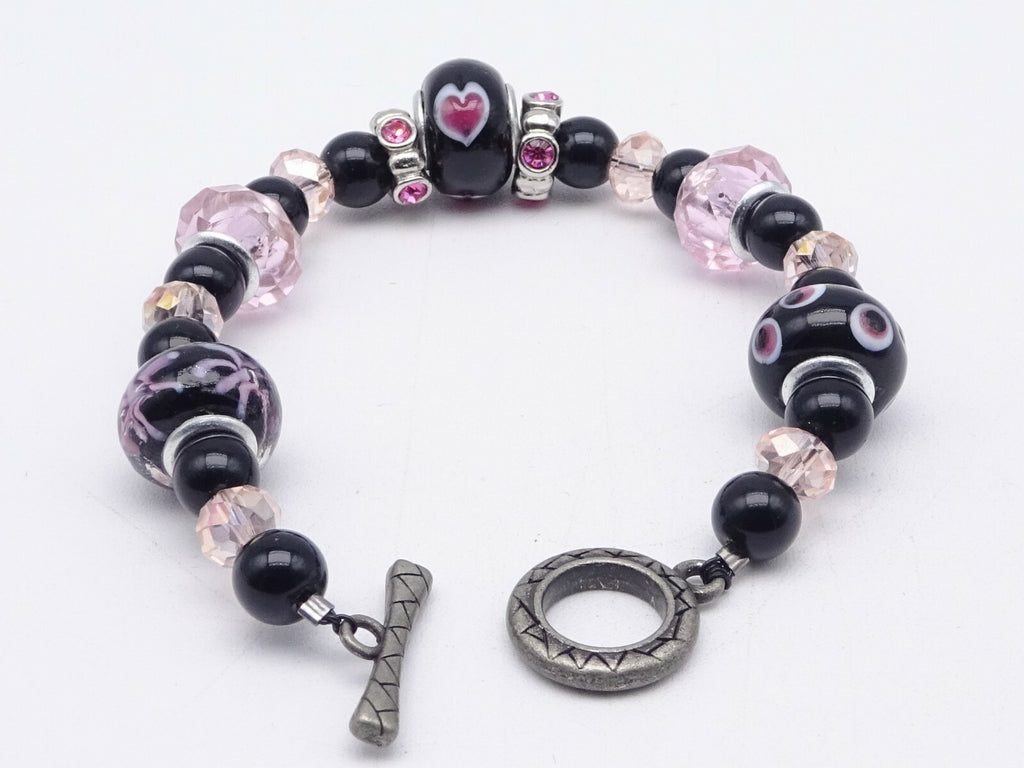 Pink Black Bead Slide Bracelet Silver tone Estate Costume 7.75"