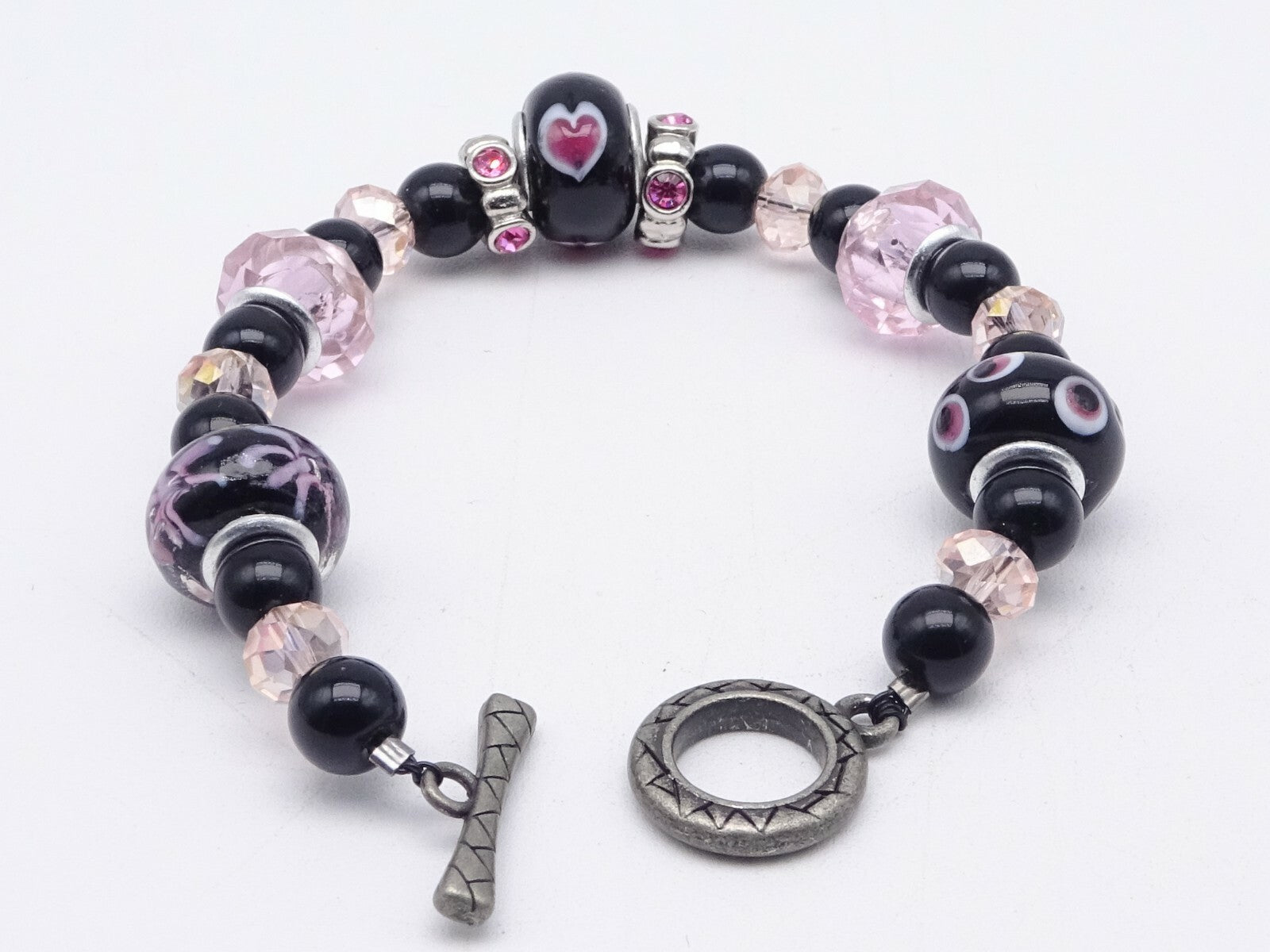 Pink Black Bead Slide Bracelet Silver tone Estate Costume 7.75"