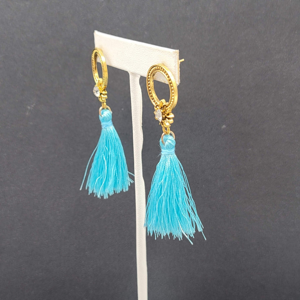 Pierced Earrings Gold tone Blue Tassel Rhinestone Statement Dangle 2.5"