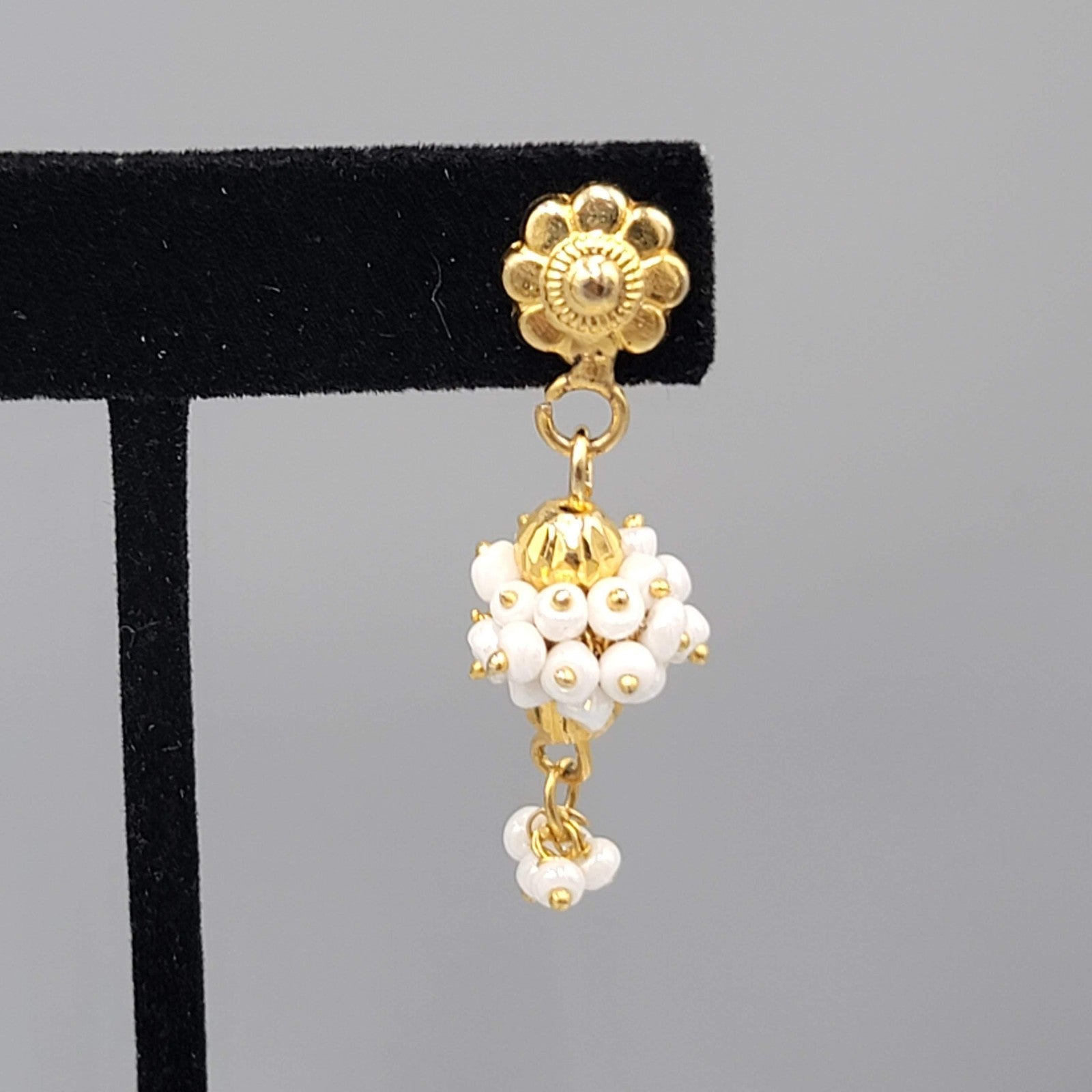 India Gold Plated Pierced Earrings White Bead Dangle 1.5"