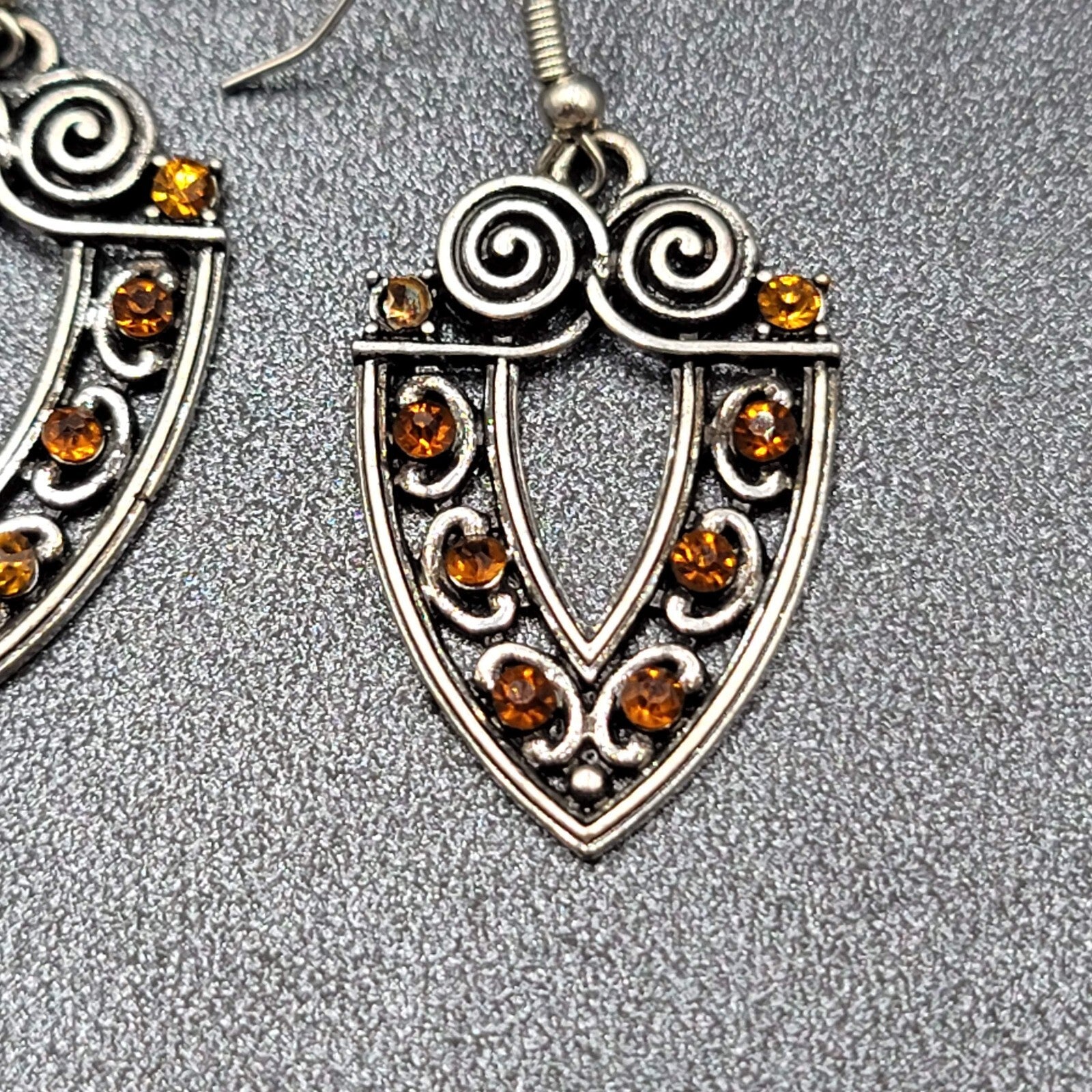 Pierced Earrings Silver tone Orange Rhinestone Dangle 1 3/8"