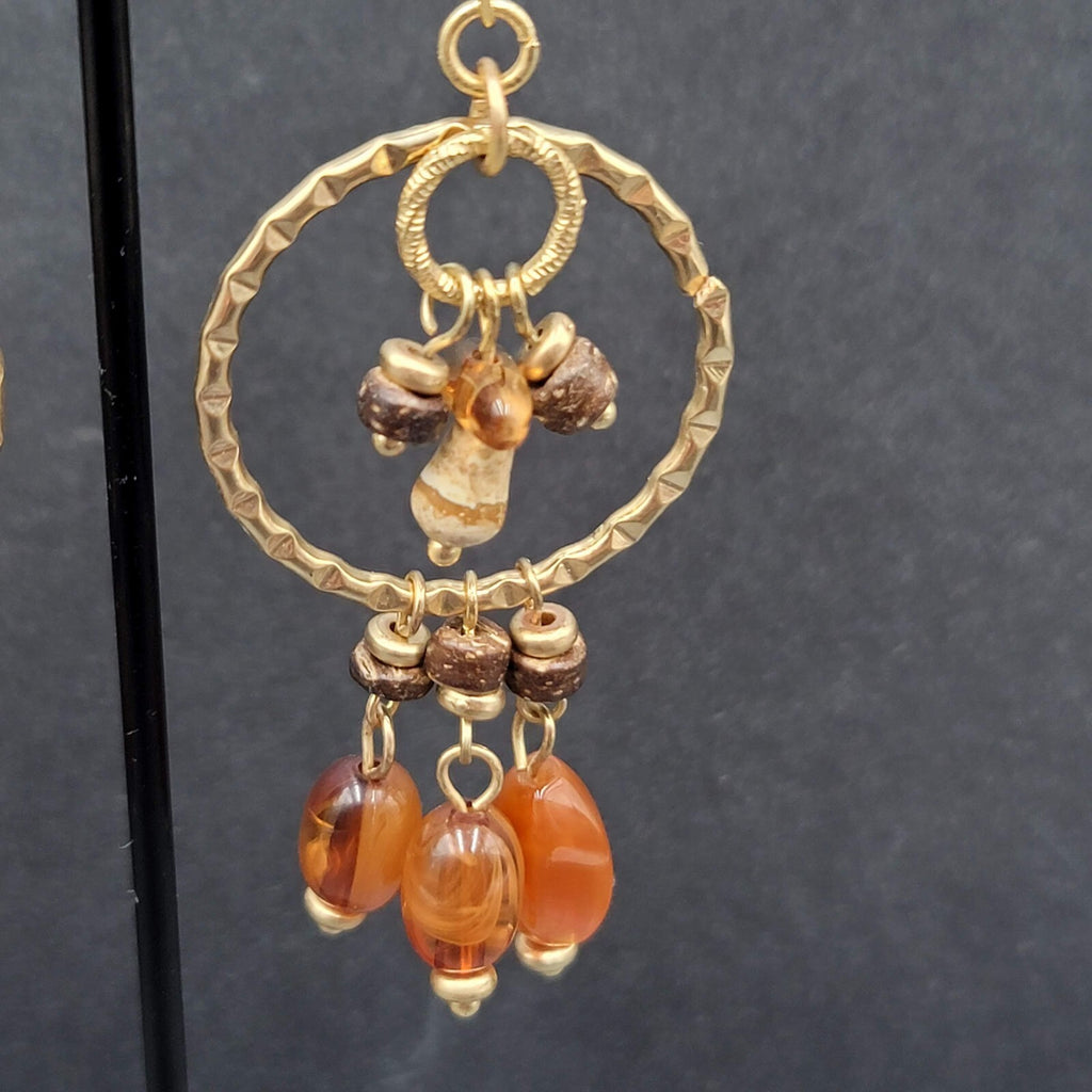 Pierced Earrings Gold tone Natural Colored Acrylic Beads Coconut Shell Bead 2.5"