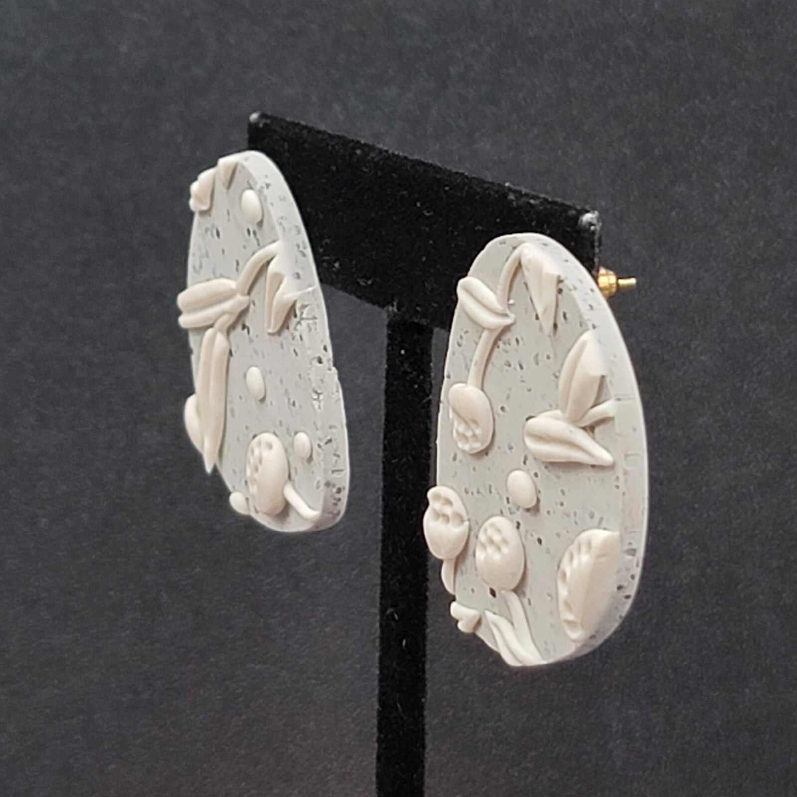 Pierced Earrings Gray White Polymer Clay Drop 1.5"