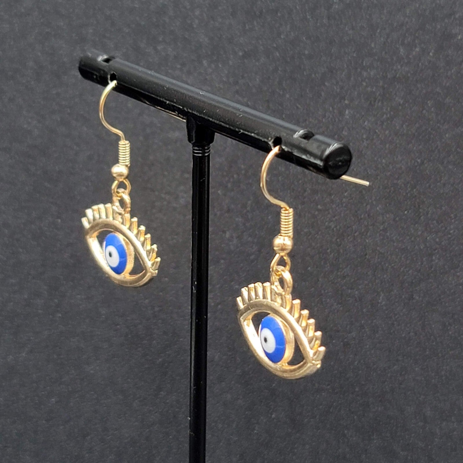 New Evil Eye Pierced Earrings Gold tone Enamel Dangle 3/4"