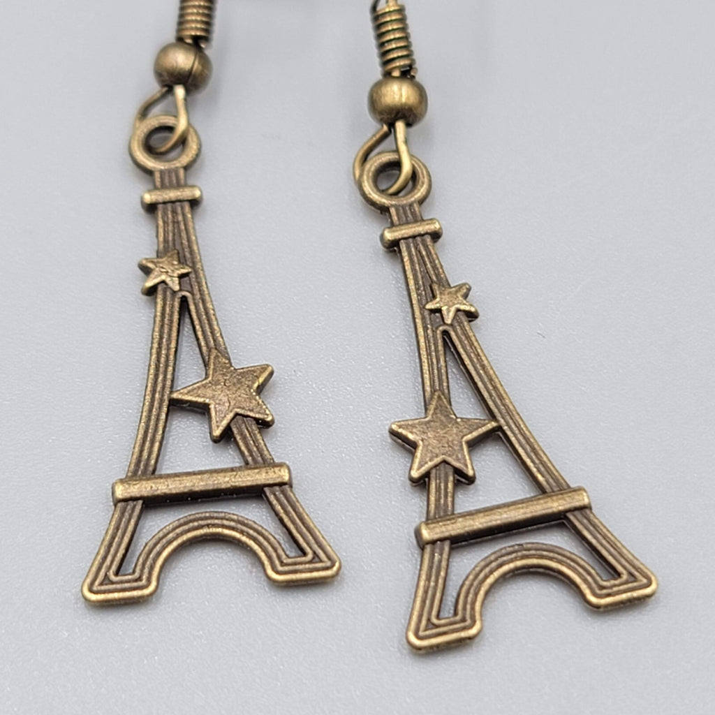 Eiffel Tower Pierced Earrings Bronze tone Stars Dangle NEW 1 1/8"
