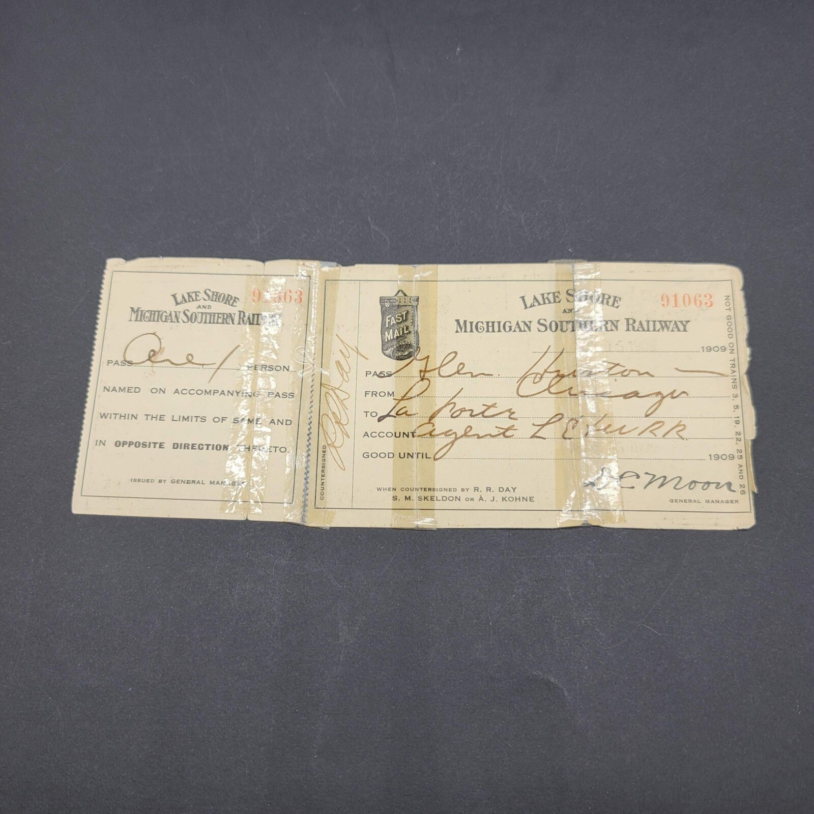 1909 Lake Shore Railroad Ticket Railway Antique Vintage Train Pass Rare