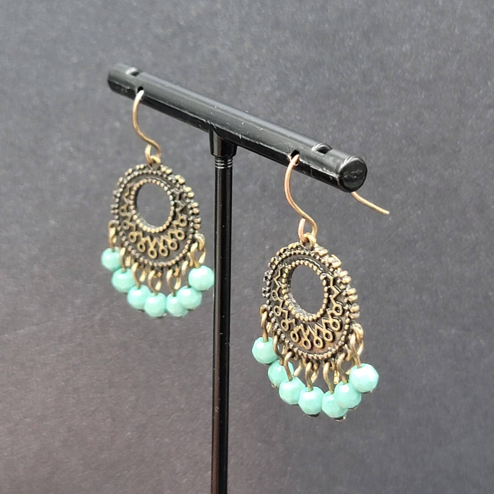Pierced Earrings Bronze tone Blue Bead Medallion 1"