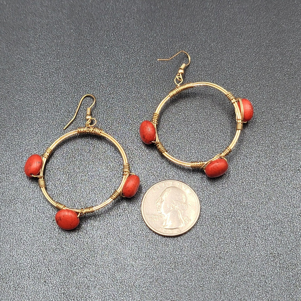 Pierced Earrings Gold tone Orange Stone Bead Dangle Hoops 1.75"