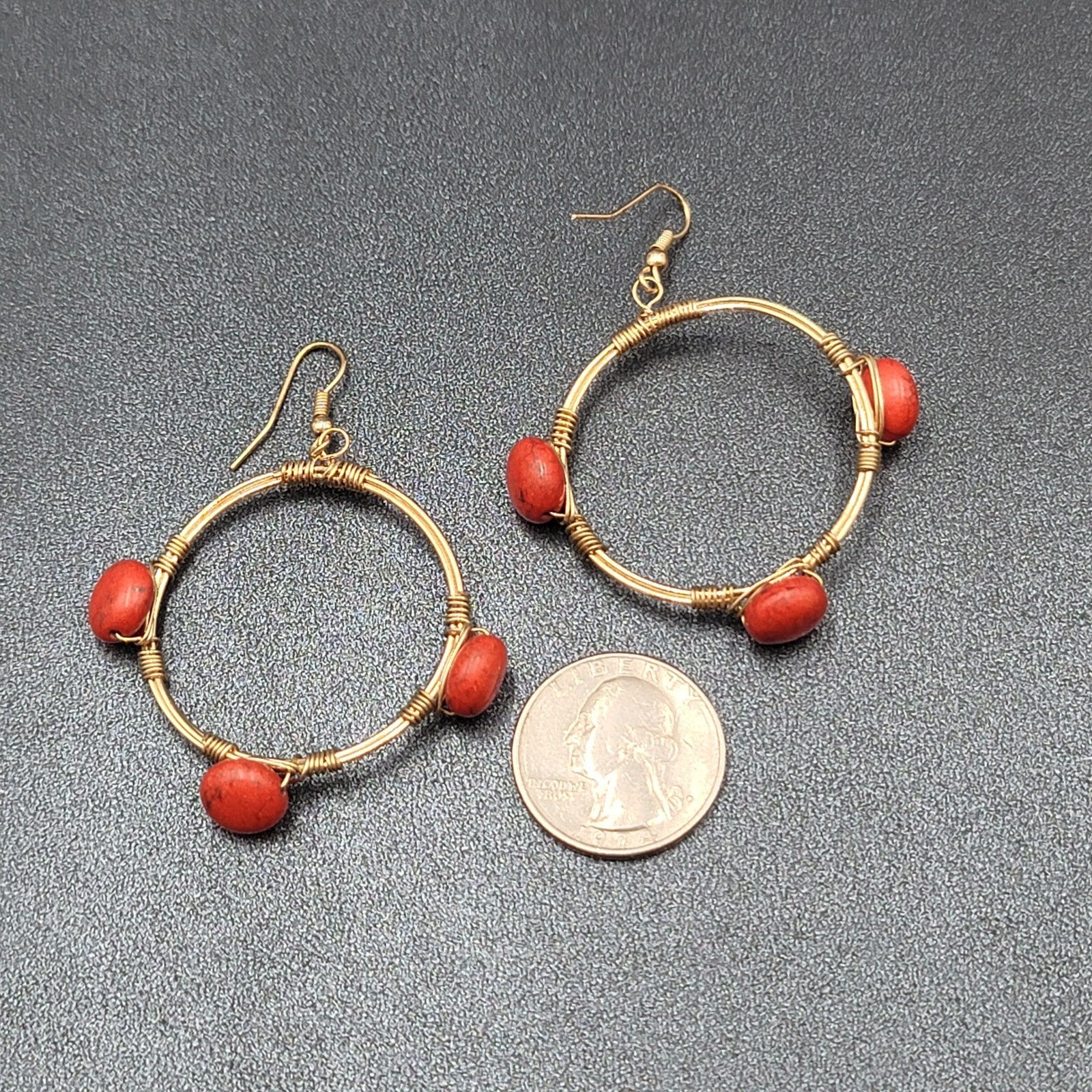 Pierced Earrings Gold tone Orange Stone Bead Dangle Hoops 1.75"