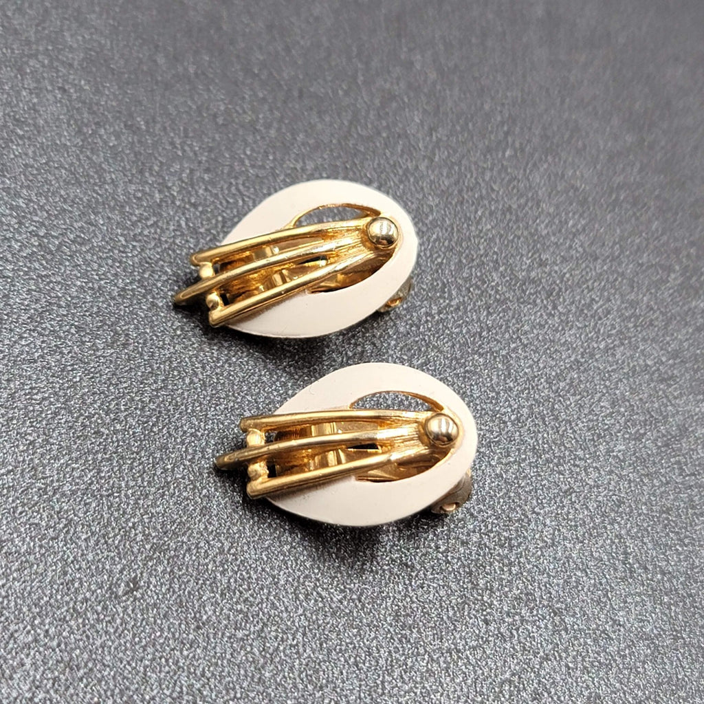 Vintage Clip on Earrings Gold tone White Enamel Studs 7/8"