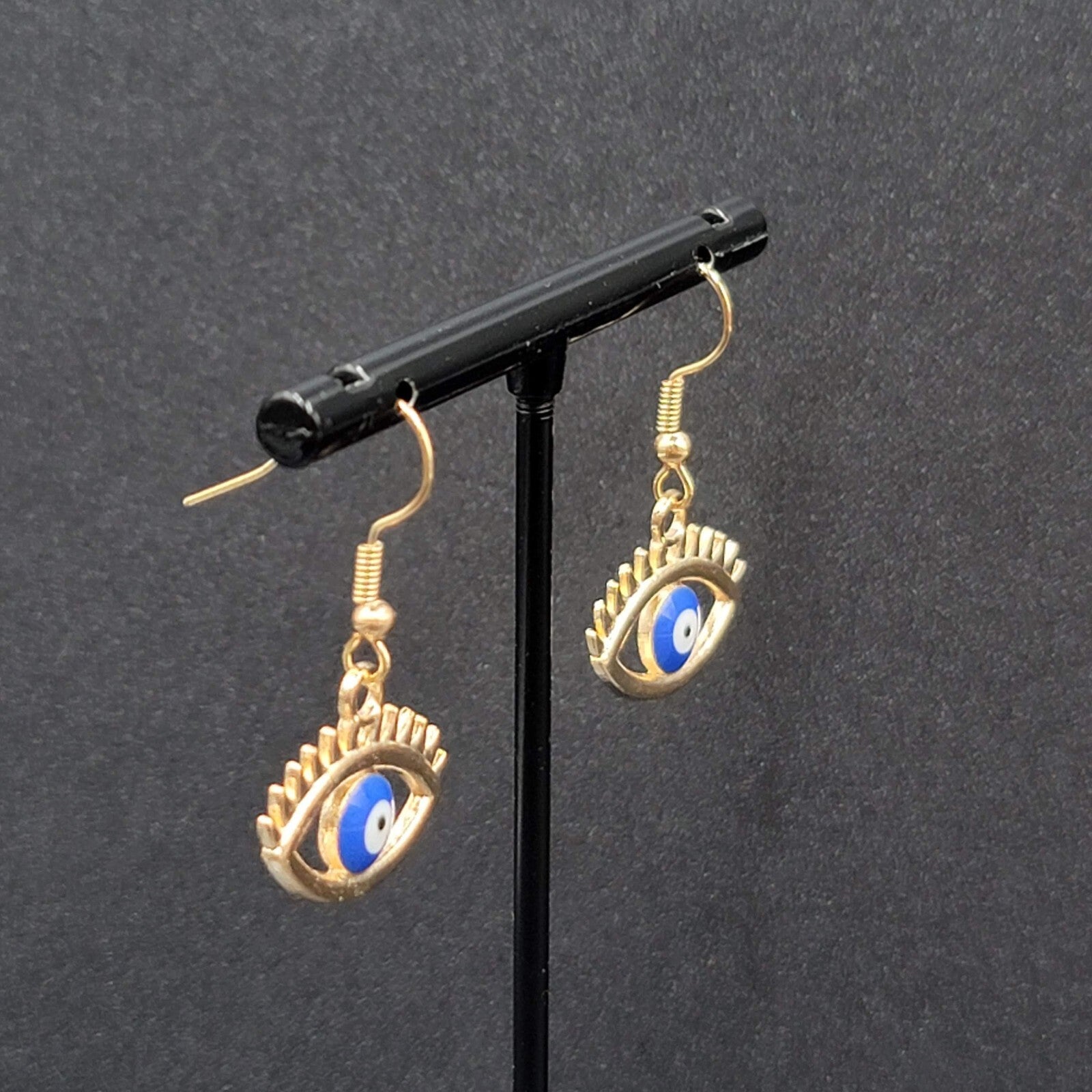 New Evil Eye Pierced Earrings Gold tone Enamel Dangle 3/4"