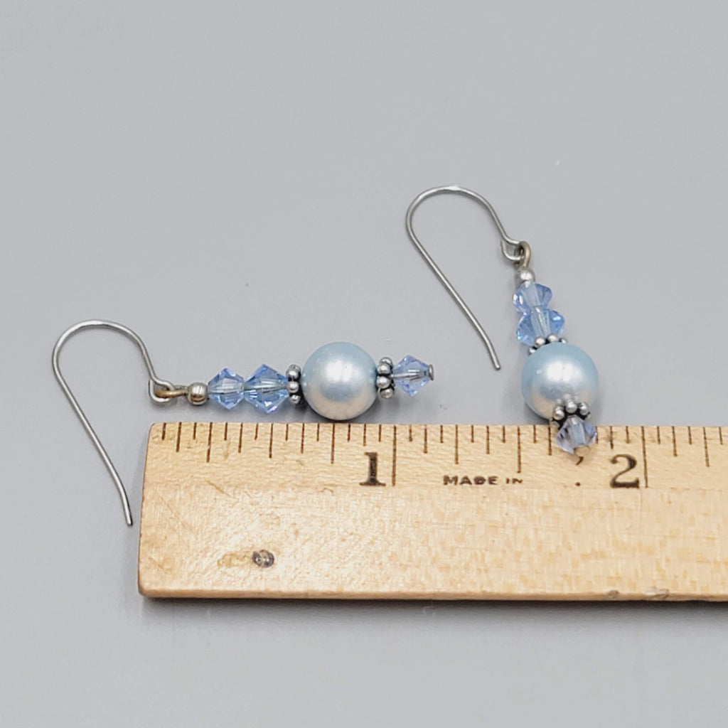 Satin Blue Bead Pierced Earrings Silver tone Dangle 1 1/8"