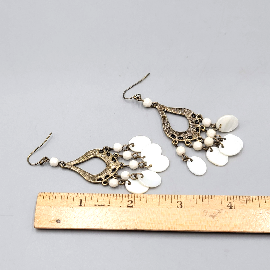 Chandelier Mother of Pearl Pierced Earrings Bronze tone Dangle 2.75 in