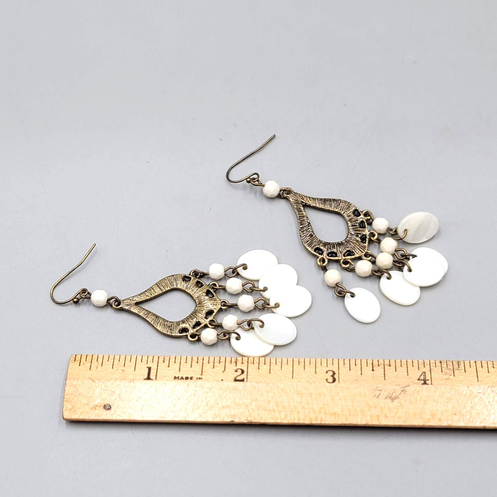 Chandelier Mother of Pearl Pierced Earrings Bronze tone Dangle 2.75 in