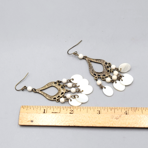 Chandelier Mother of Pearl Pierced Earrings Bronze tone Dangle 2.75 in