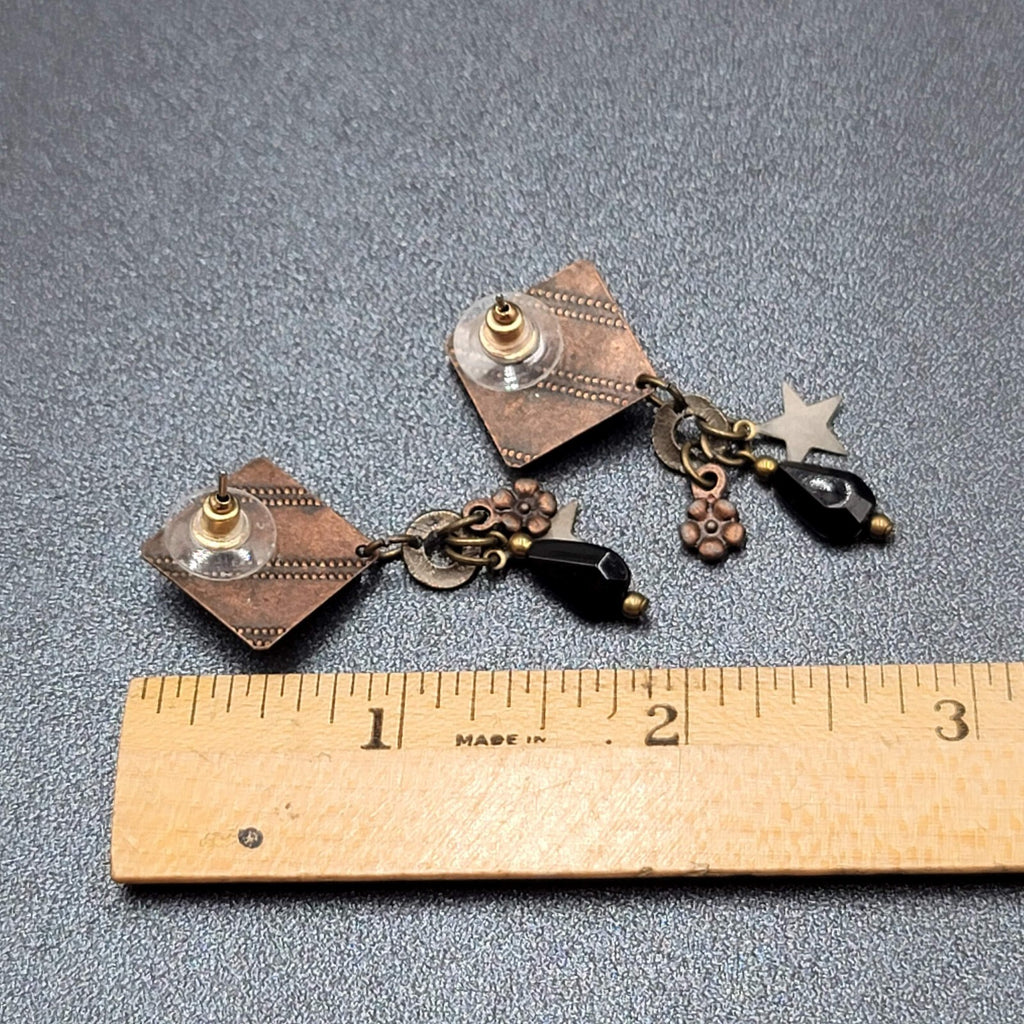 Pierced Earrings Copper and Silver tone Star Black Beads Layered Dangle 2"