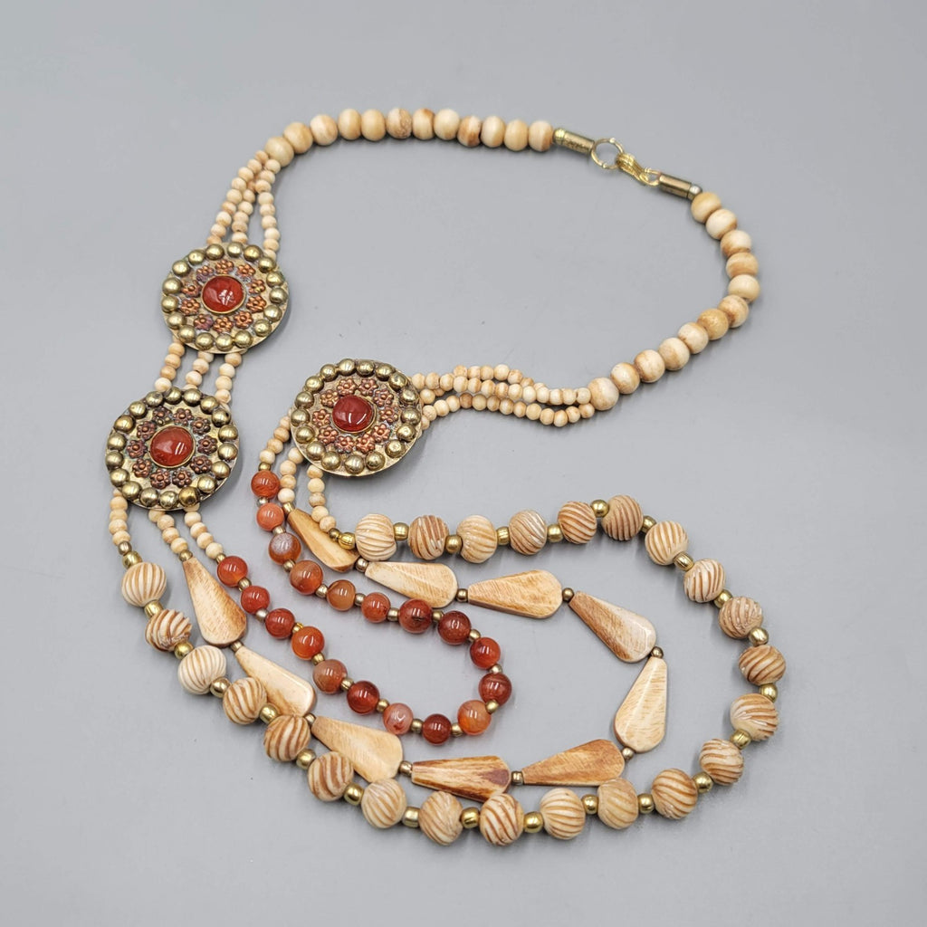 Vintage Ethnic African Bead Necklace Bovine Cow Bone Brass Carnelian Stone