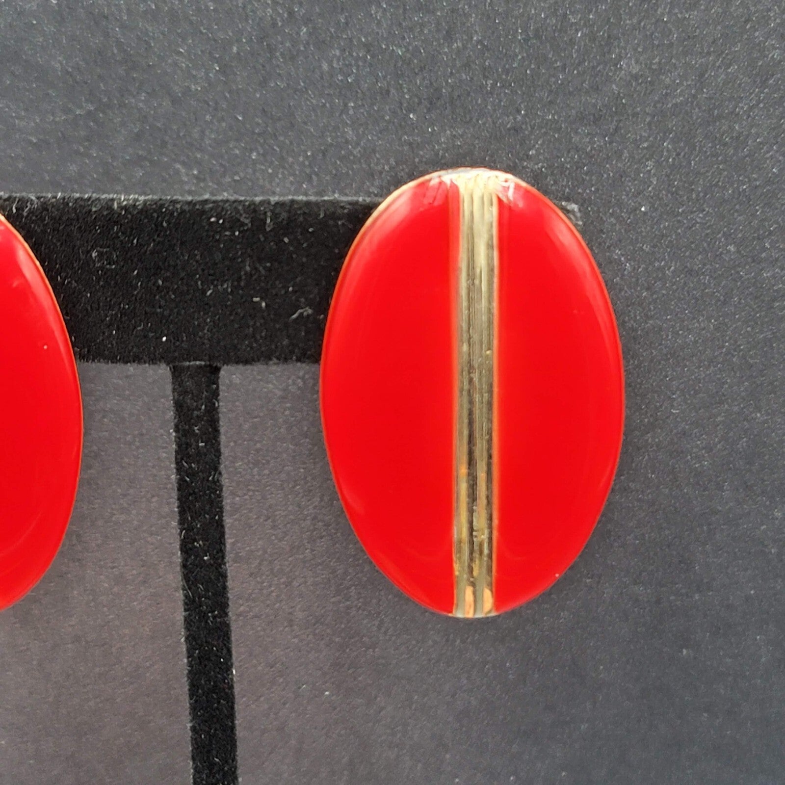 Vintage Clip on Earrings Red Enamel Gold tone Oval Drop Lightweight 1.5"