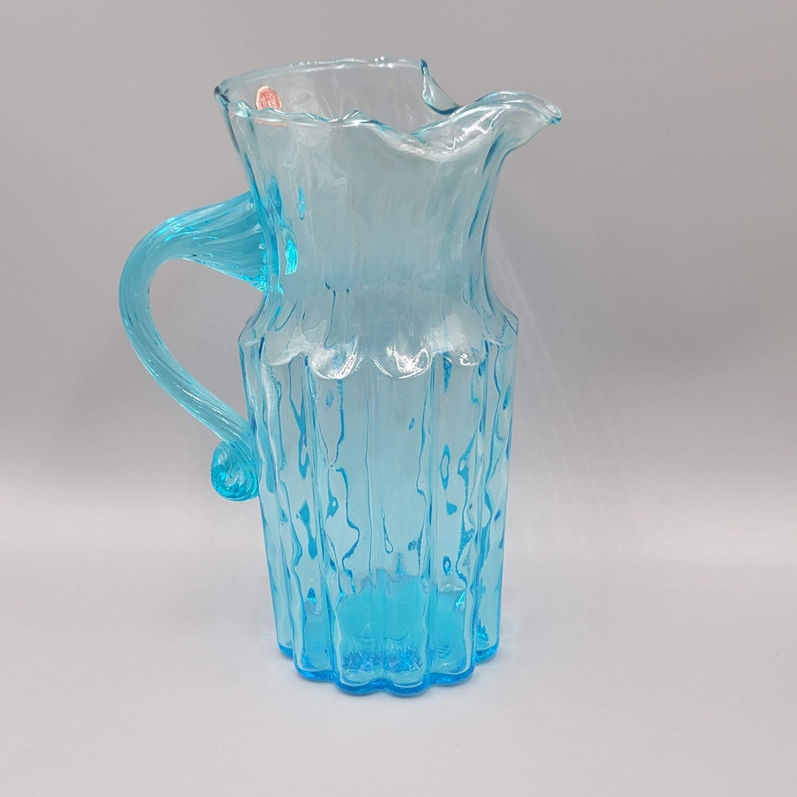 MCM Italian Empoli Ribbed Pillar Aqua Blue Art Glass Pitcher with Ice Lip 8"